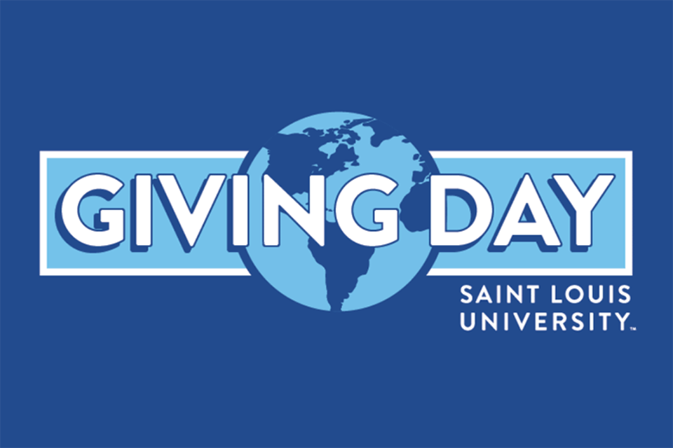 A logo of a blue globe with the words Giving Day Saint Louis University.