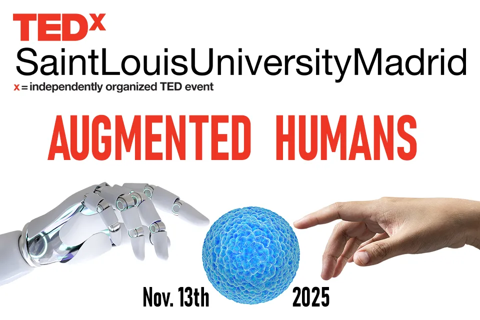 Graphic reading TEDx Saint Louis University Madrid, Augmented Humans, March 2025. There is a globe with a plant growing out of it, with a human hand on one side and a robot hand on the other.