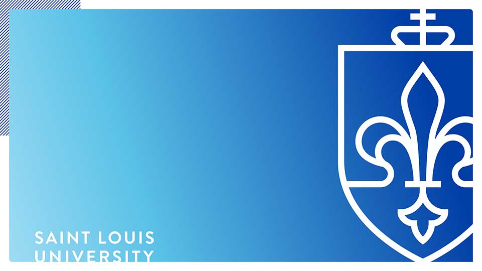 Image show updated design of new PowerPoint Template. It features a SLU blue background and a large SLU shield