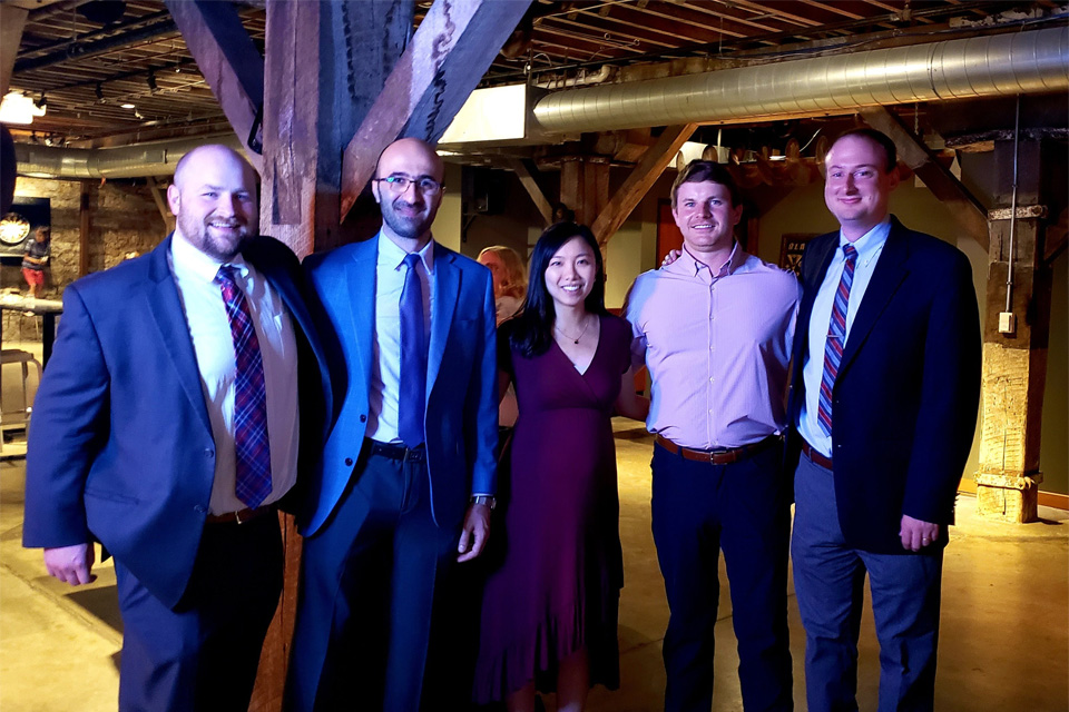 Group photos of the 2022 G.I. Fellowship Graduates: Sam Burton, M.D. Yale University, Advanced Endoscopy Fellowship  Eyad Alsabbagh, M.D. Assistant Professor, Saint Louis University School of Medicine  Yixi Tu, M.D. BJC Medical Group, Alton, IL  Scott Wardlaw, M.D. GastroArkansas, Little Rock, AR  David Westrich, M.D. Assistant Professor, Ohio State University