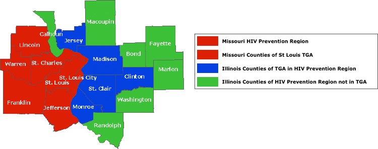 Map showing counties involved in the grant. In Missouri, St. Louis City, and the counties of St. Louis, St. Charles, Warren, Lincoln, Jefferson and Franklin are labeled as the Missouri H I V prevention region and Missouri counties of the T G A. On the Illinois side, the counties of Clinton, Madison, St. Clair, Monroe and Jersey are labeled as counties of the T G A in H I V prevention region. Counties of Calhoun, Macoupin, Bond, Fayette, Marion, Washington and Randolph are labeled as Illinois counties of H I V prevention region not in the T G A.